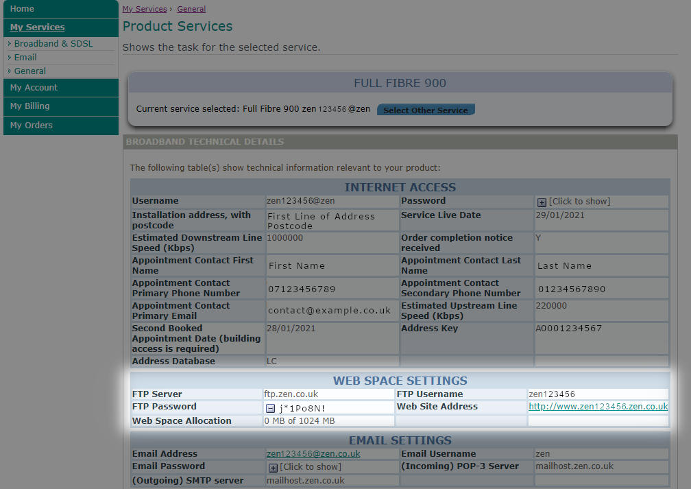 Highlighted section of the zen customer portal showing free webspace information