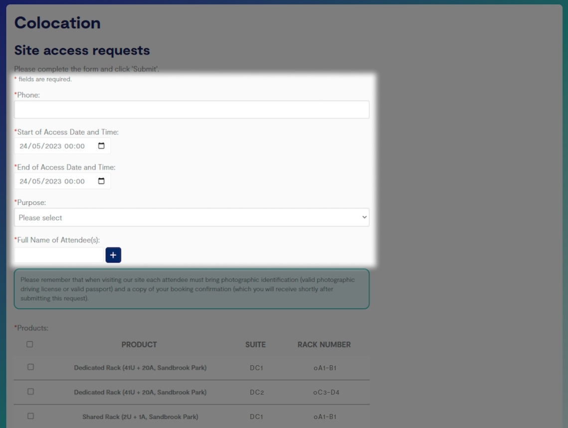 Highlighted area of the Business portal showing information to enter to book a visit