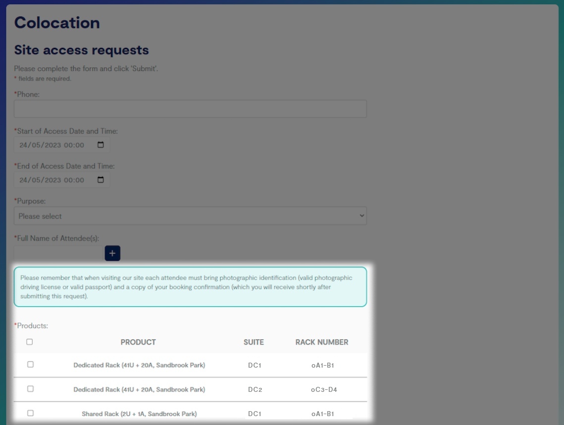 Highlighted area of the Business Portal with the option to select colocations for a visit