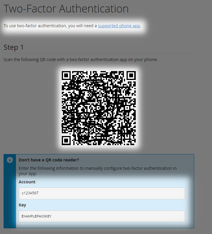 highlighted sections of a cpanel interface to show a link, barcode and account details for 2FA