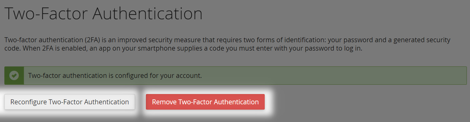 highlighted buttons to either remove or reconfigure 2FA on cpanel