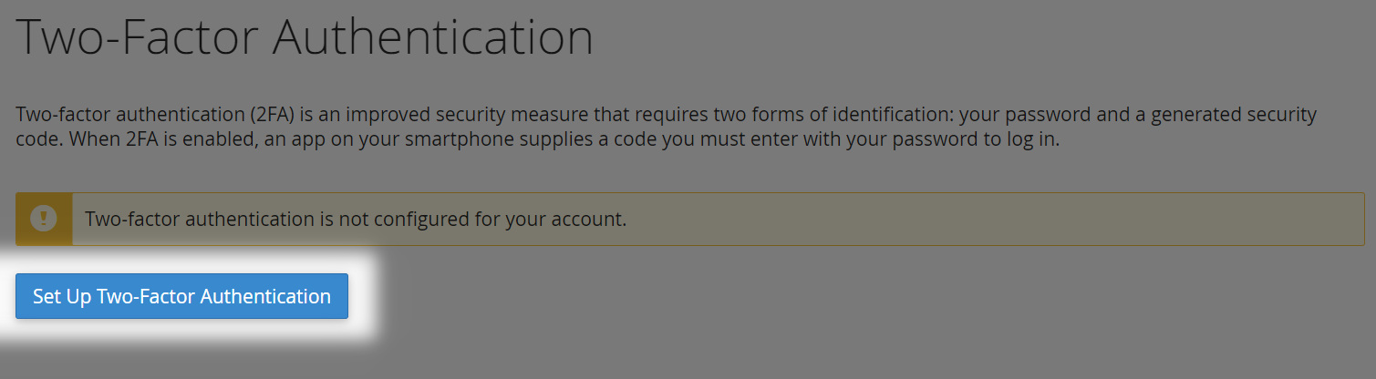 cpanel interface with the option to set up Two-Factor Authentication highlighted in blue