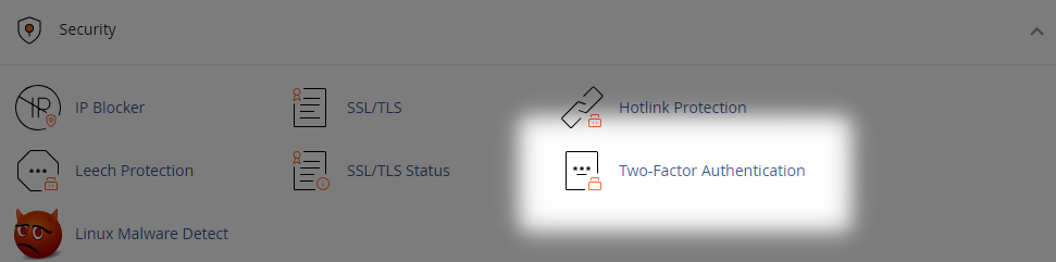 cpanel security menu with the option for Two-Factor Authentication highlighted 