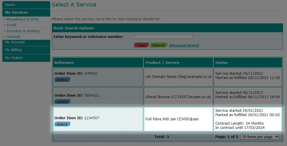 Highlighted broadband service shown in the Zen Customer Portal