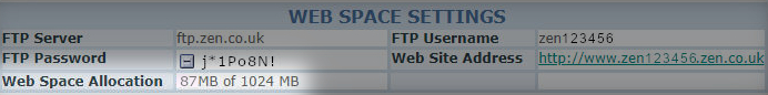 Various techincal details for a webspace with the option for allocation size in Megabytes highlighted