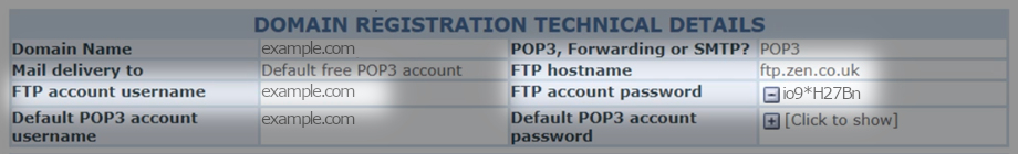 Domain technical details within the Zen customer portal with the FTP details highlighted