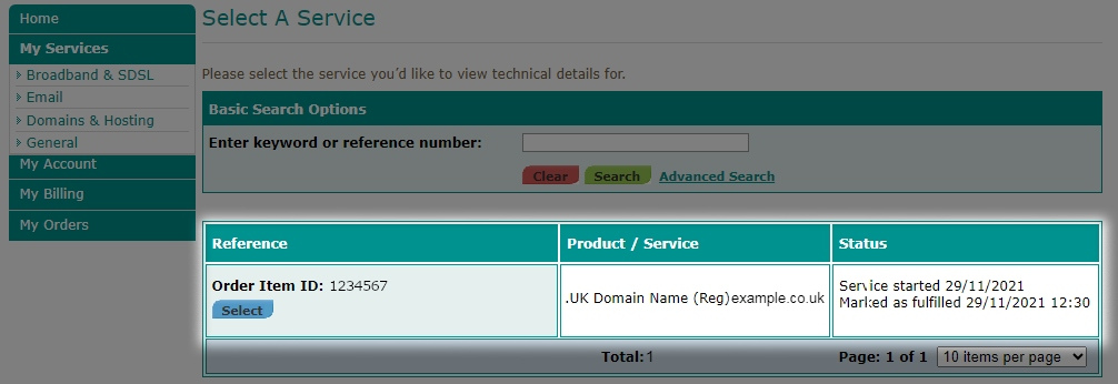 Highlighted Domain Name service shown in the Zen Customer Portal