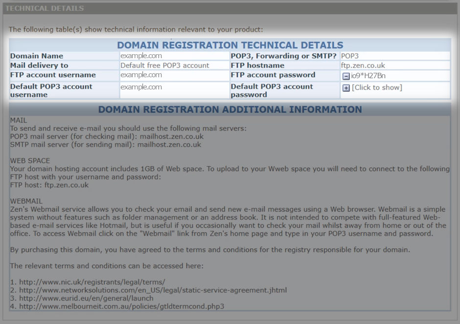 highlighted text on the Zen customer portal showing domain technical details