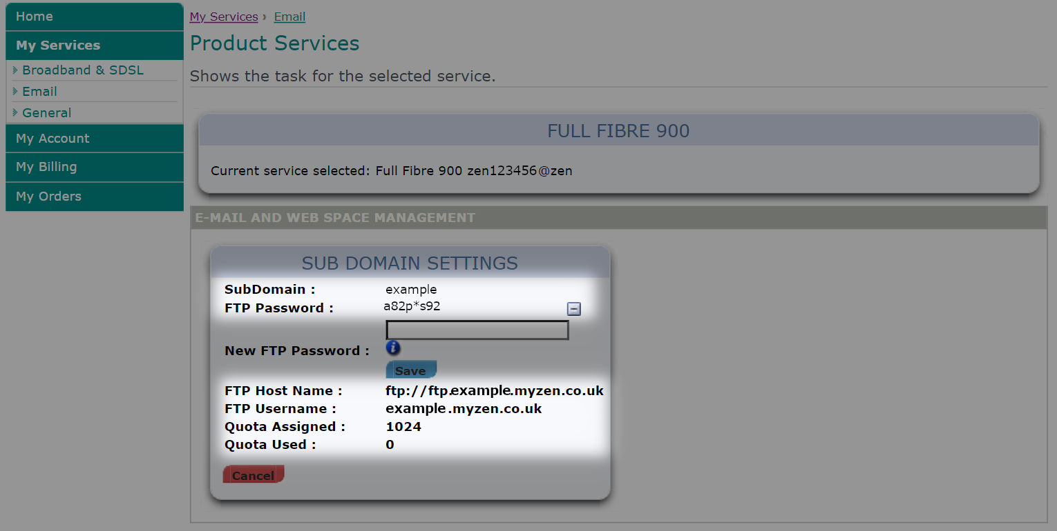 Customer Portal with the details of a sub domain webspace shown