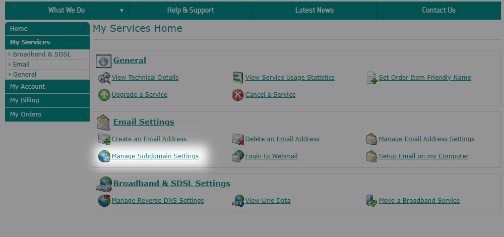 Portal interface with the option for manage subdomain settings highlighted