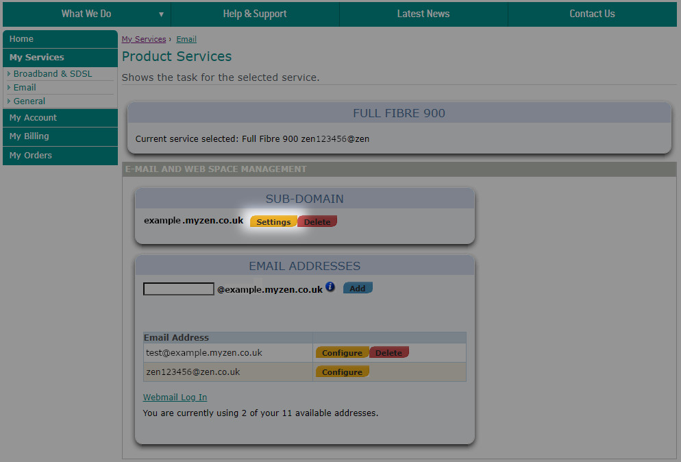 Portal interface with the option for settings highlighted