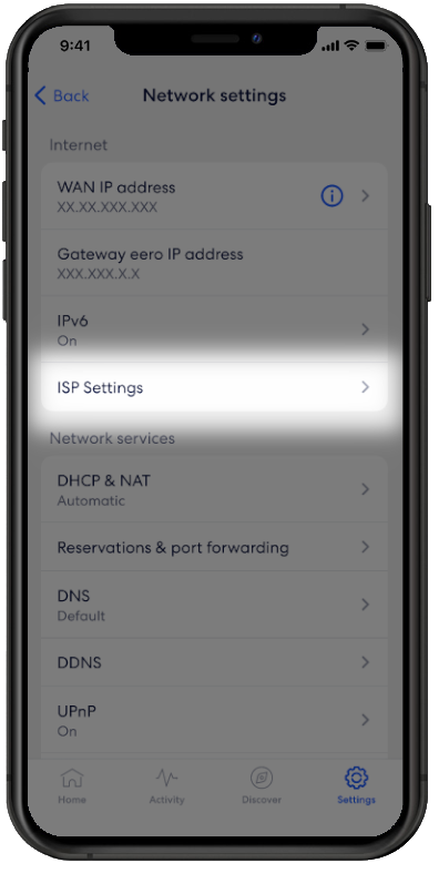 Eero App with the option to change ISP settings selected