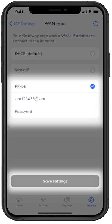 Eero App with the option to change PPPoE settings selected
