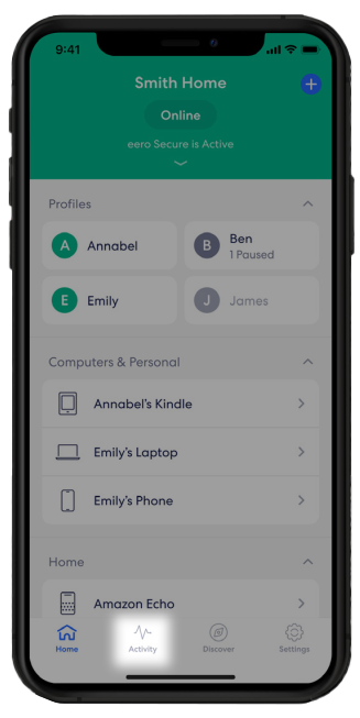 Eero App with Activity Selected