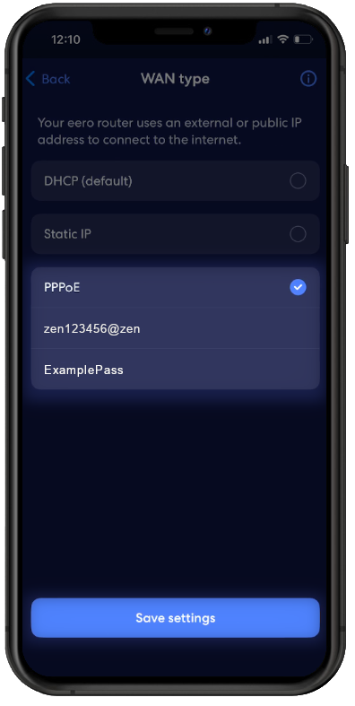 Eero App interface with the option to enter PPPoE credentials highlighted