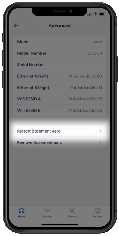 Eero Device view with the option to restart Eero highlighted