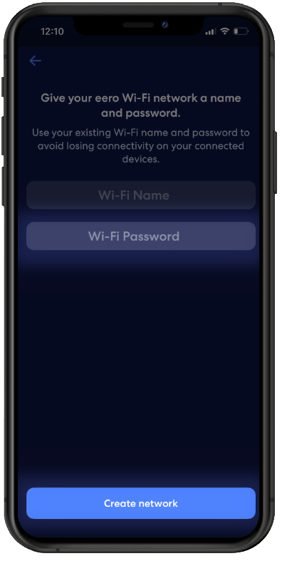 Eero app with the option to setup a WiFi Password and Create Network highlighted