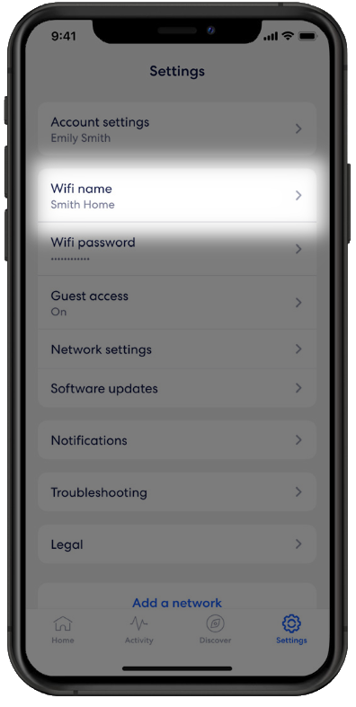 Eero App with the option for WIFi name selected