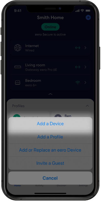 Eero App Home with the option for Add a Device highlighted