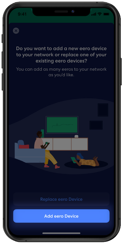 Option to add a new eero device highlighted in the Eero App
