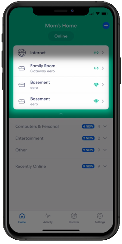 Eero App Home with the Eeros in the network highlighted