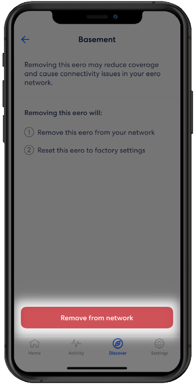 A red button to confirm the removal of an eero device from a network