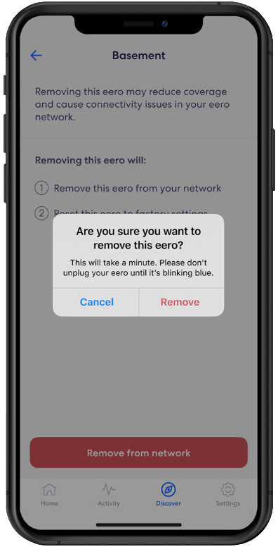 Phone popup confirming removal of Eero from a network