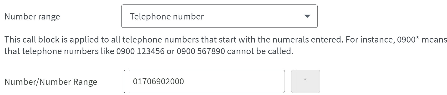 Drop down box to indicate what type of call and what number is blocked