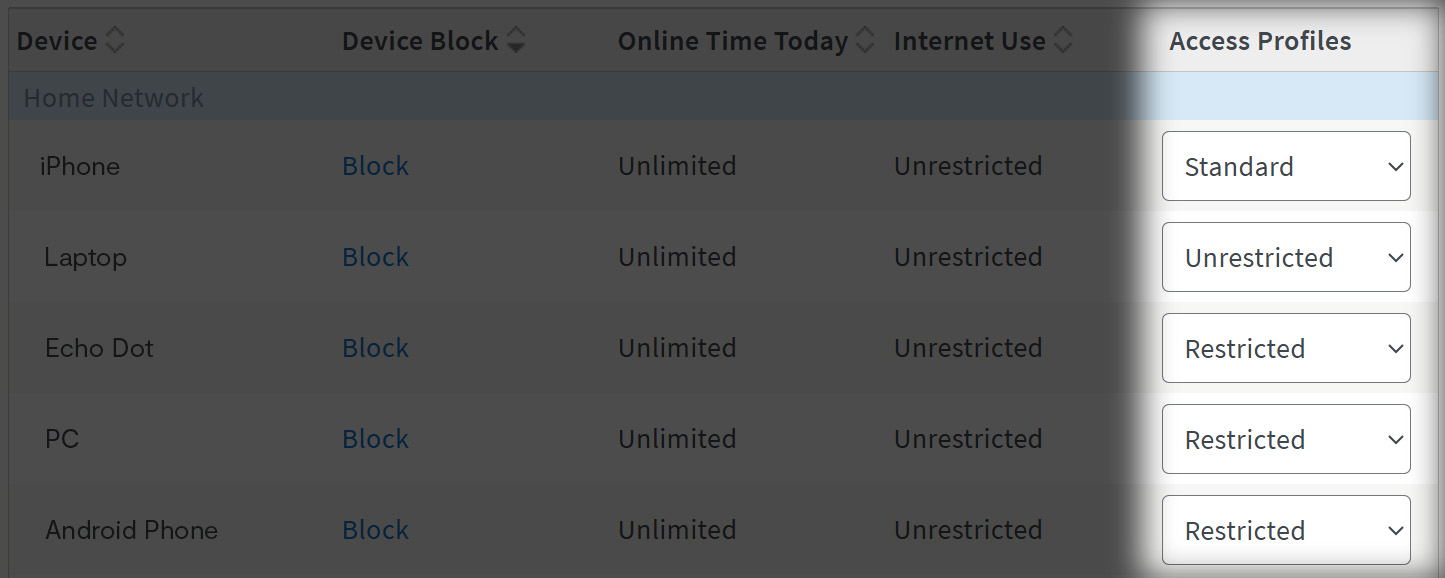 Fritz! interface with the option to set access profiles