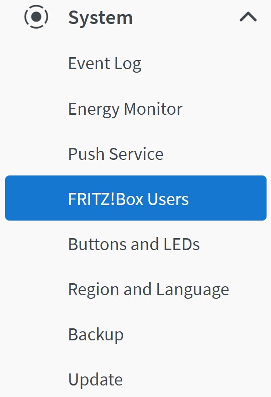 Fritz! System menu with the option for FRITZ!Box Users tab selected