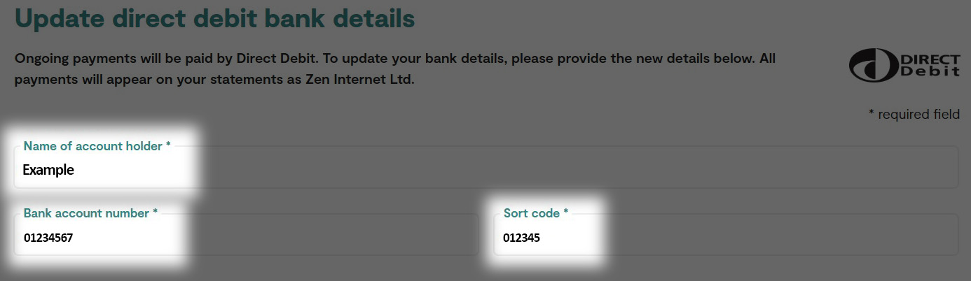 Update direct debit page with the options for account name, number and sort code