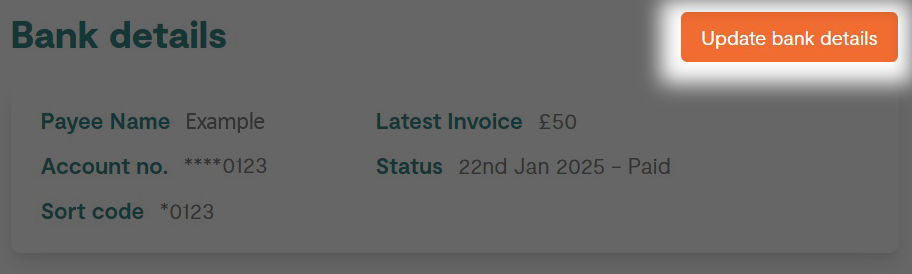 Orange button on an invoice screen to update bank details