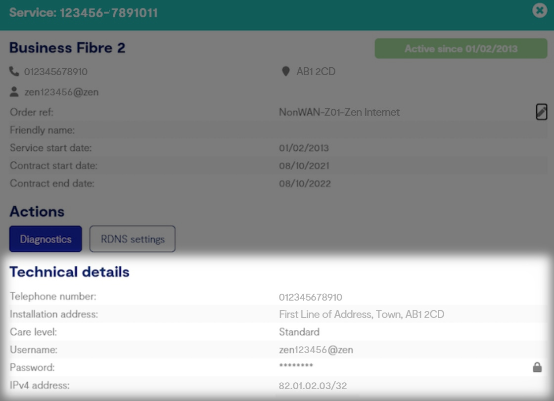 Service details with the area of technical details highlighted