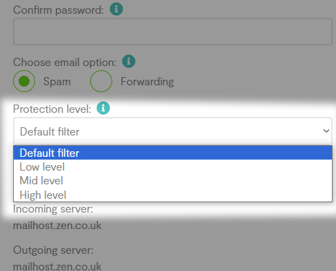 multiple highlighted options to set spam filtering, email forwarding and direct email settings